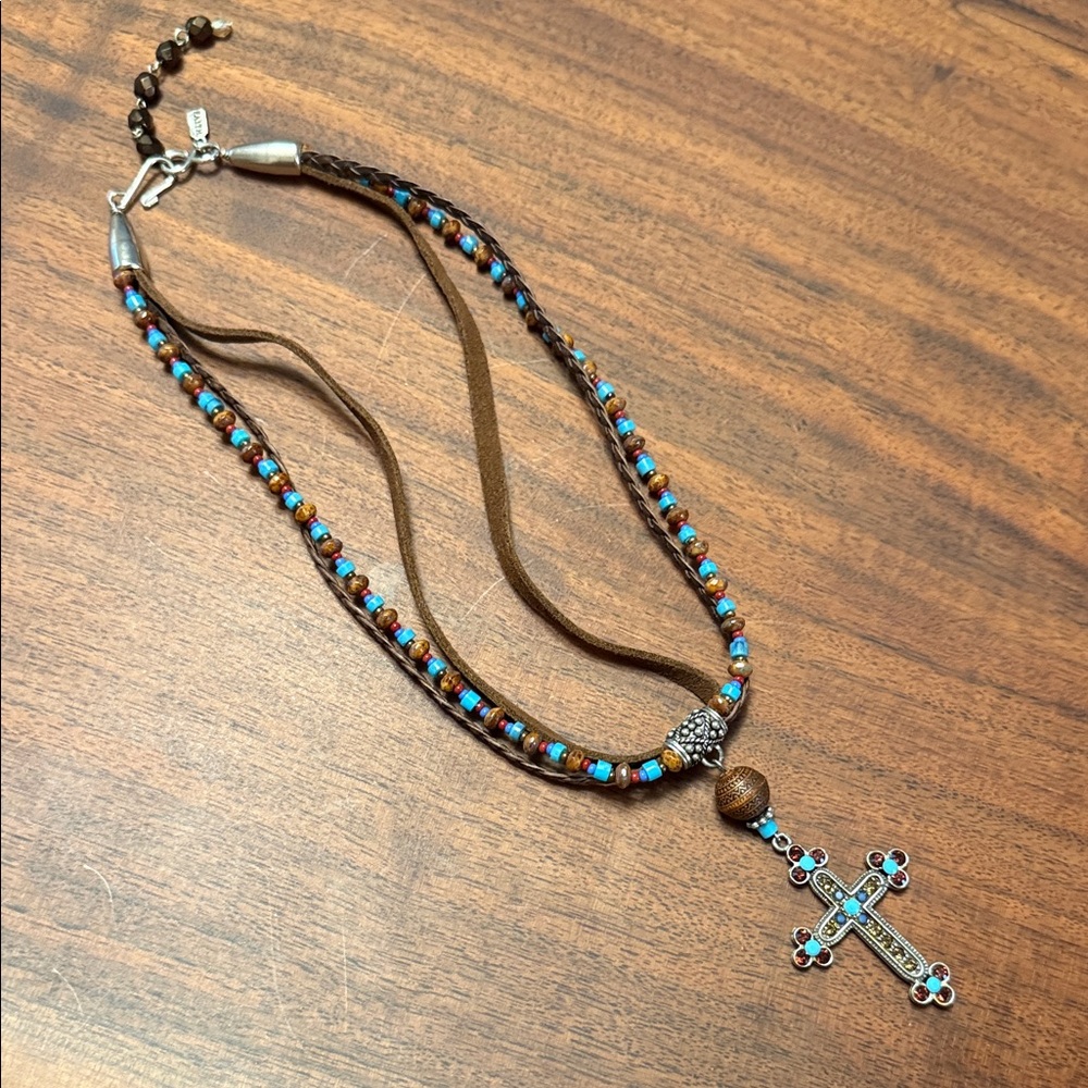 Turquoise Beaded and Leather Cross Necklace
